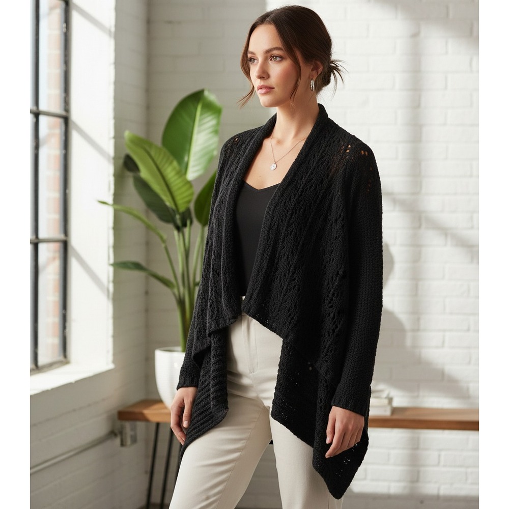 Loft XS Womens Black Gray Crochet Poncho Cardigan Wrap Boho Whimsigoth Earthy